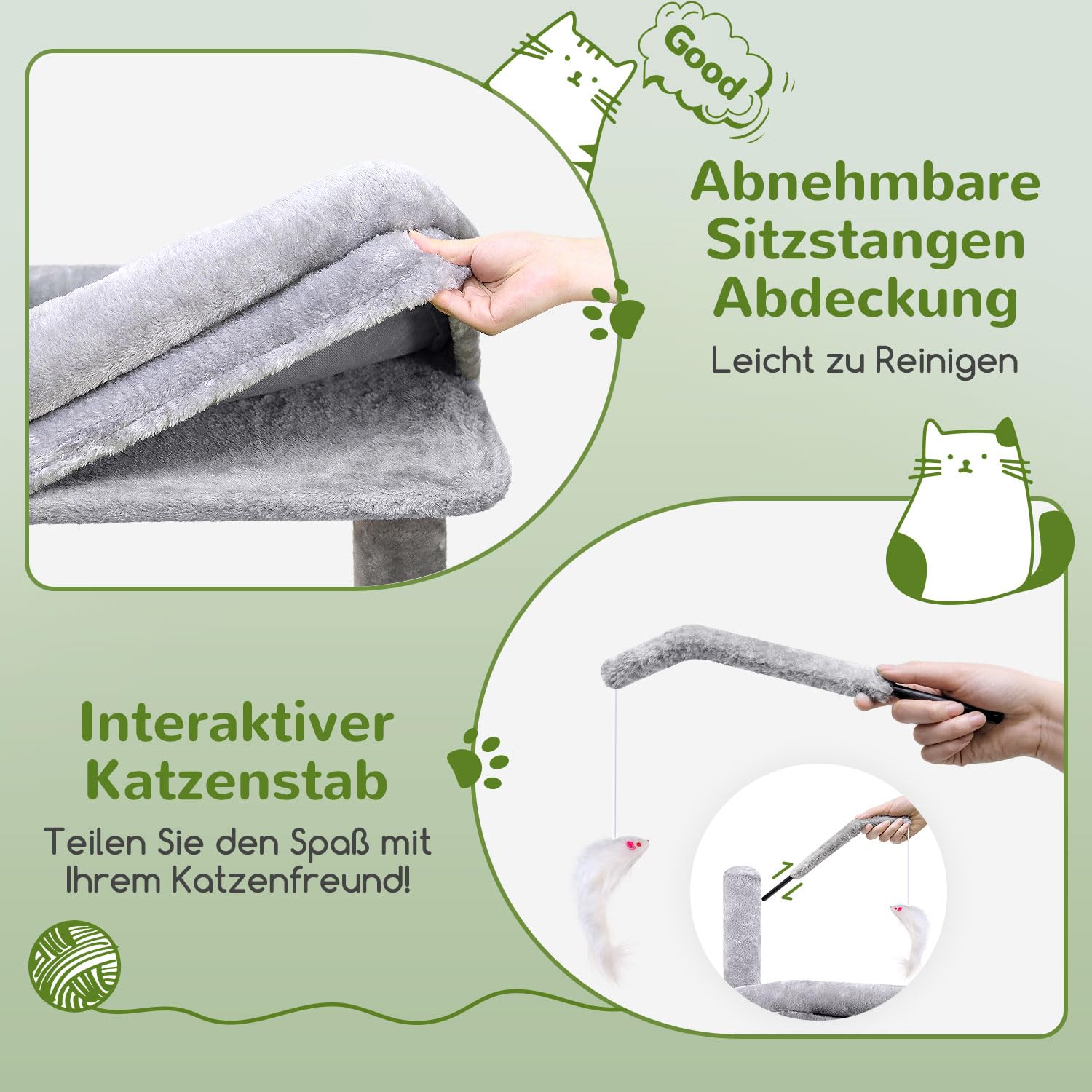 Globlazer Kratzbaum Stabil mit 2 Große Katzenhaus 90° Drehbares, 2 Groß Basis, Gepolsterte Plattform, Sisal Kratzbrett, Katzenspielzeug, Katzenbaum für Katzchen Große Katzen Senioren (F50, Hellgrau)