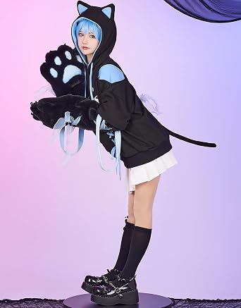 Micotaku Womens Pullover Hoodie with Detachable Bag Design Furry Cat Paw Gloves Skull Cat Pattern Sweatshirt