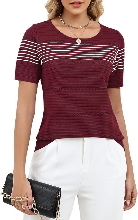 LUYAA Short Sleeve Sweater for Women Spring Summer Crochet Tops Crewneck Ribbed Casual Lightweight Pullover Sweaters