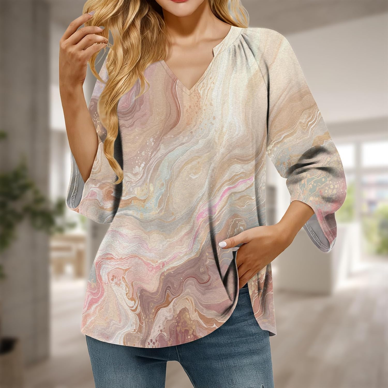 Summer Going Out Tops for Women Casual Floral Beach Vacation Printed Vintage V Neck Trendy 3/4 Sleeve Shirts - Image 2