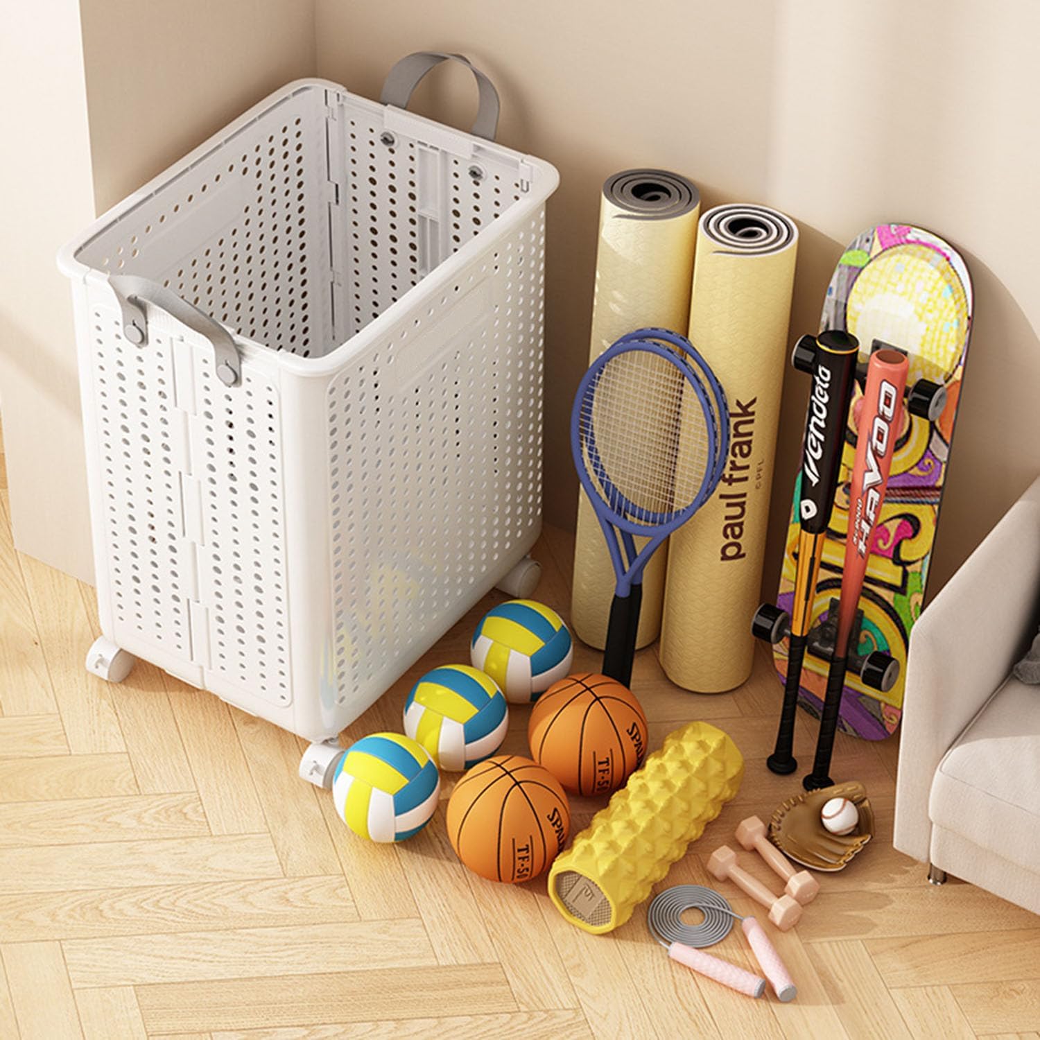 55L Collapsible Large Laundry Hamper, laundry basket plastic,Laundry Basket with Wheels,Suitable for Bathroom, Bedroom, Dorm Room & Laundry Room,Basket with Handle (White)