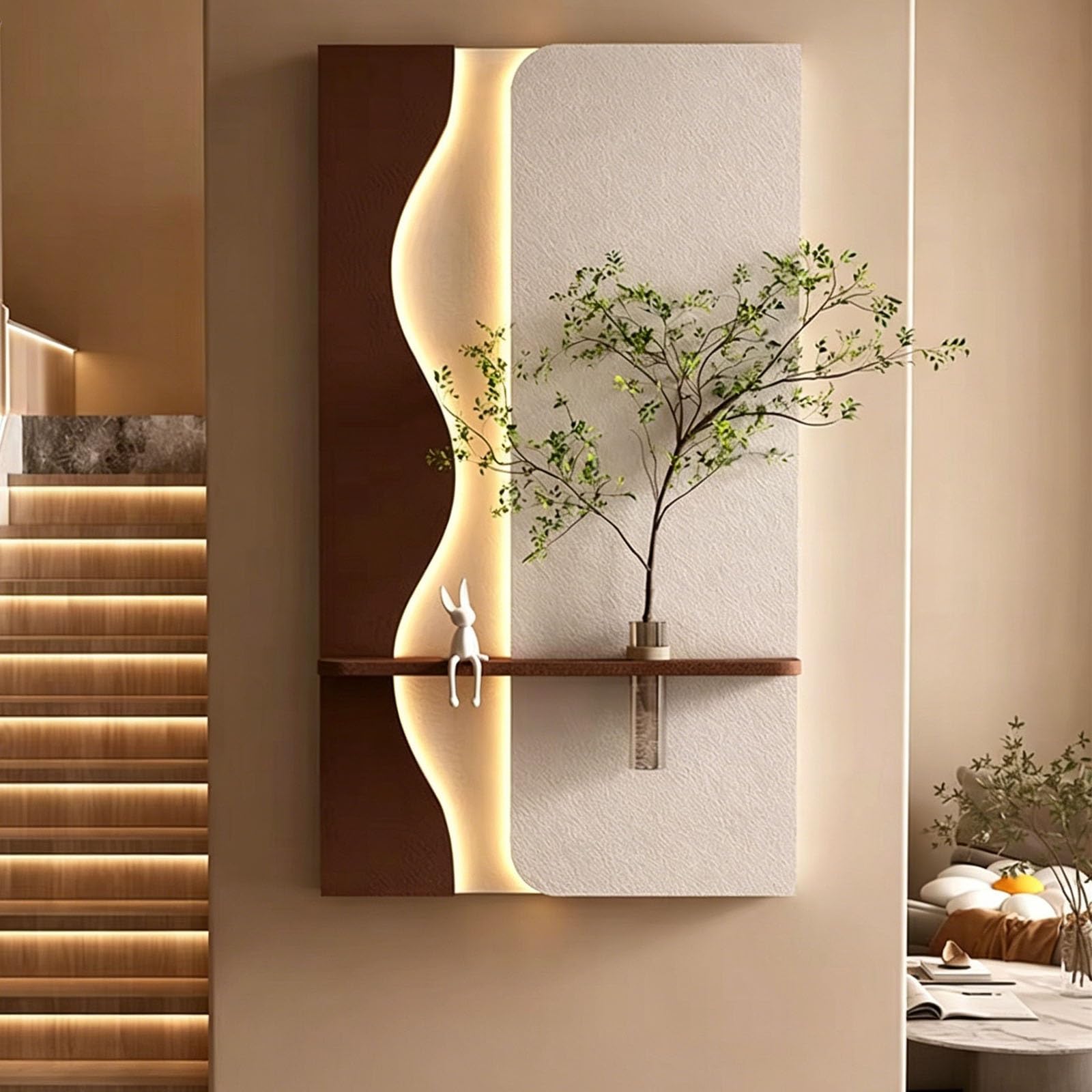 Decorazione murale 3D con illuminazione a LED, scultura in arenaria con vaso in vetro e pianta artificiale, decorazione moderna per ingresso, soggiorno, corridoio e ufficio. (D, 50 * 90 cm / 19,7 * 3
