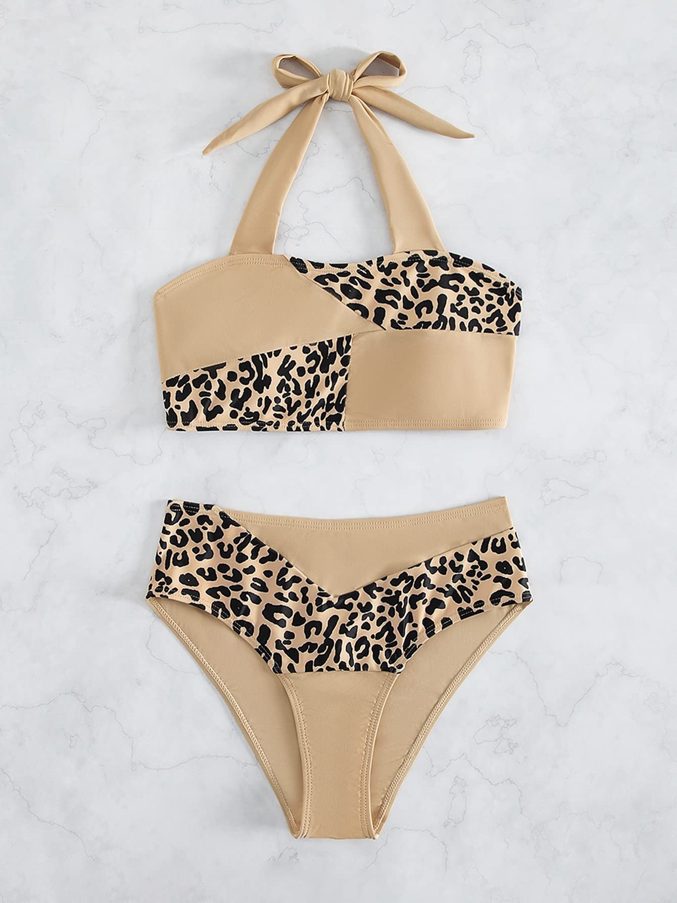 Costume da Bagno Bikini A Vita Alta in 2 Pezzi con Stampa Animalier Leopardata Donna Color Kaki Multi S