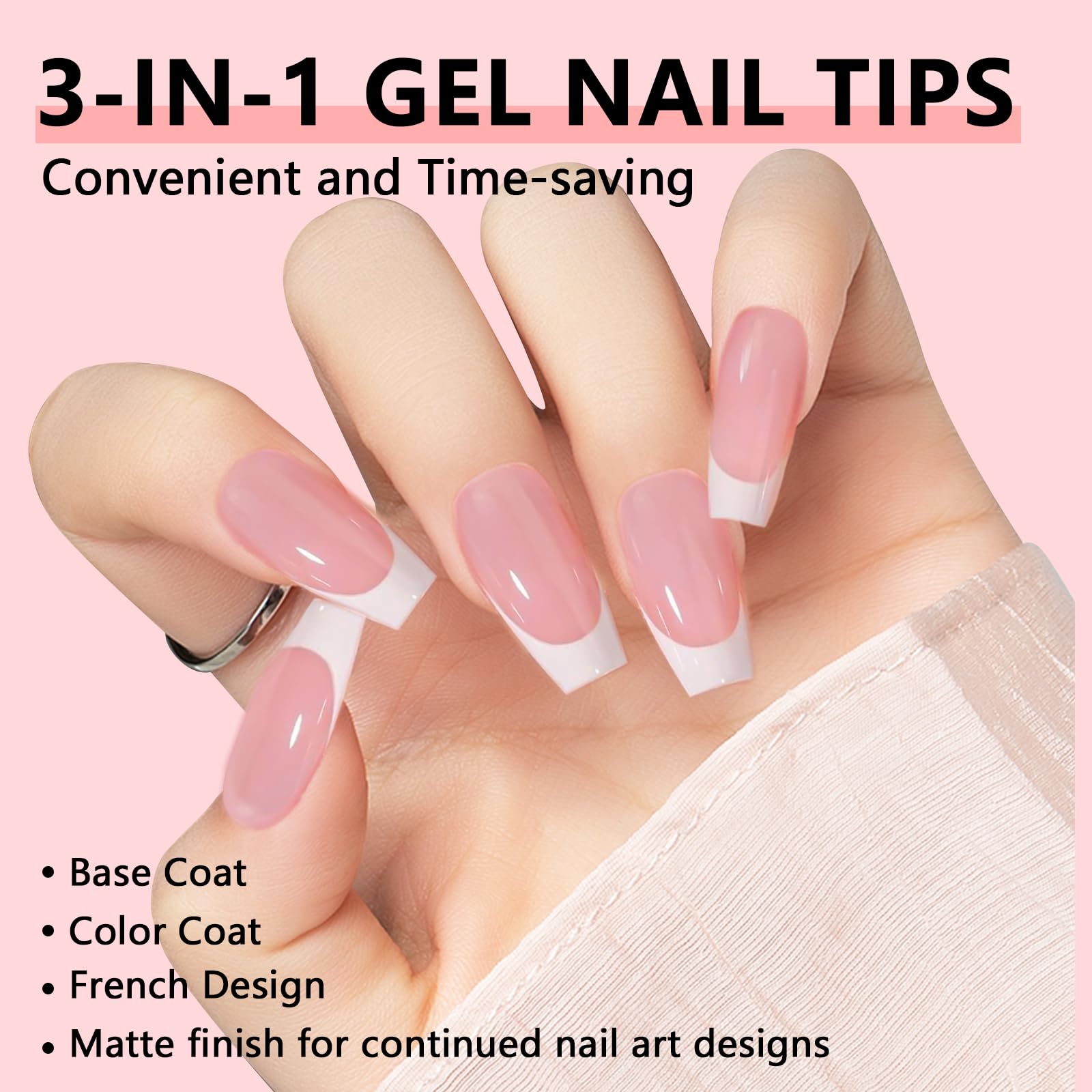 Medium Coffin Gel Nail Tips French Tips-Pink Soft Gel Fake Nail Tips 15 Sizes 150Pcs Pre-Primer&Base Coat&Color Gels French Nail Tips - Image 2