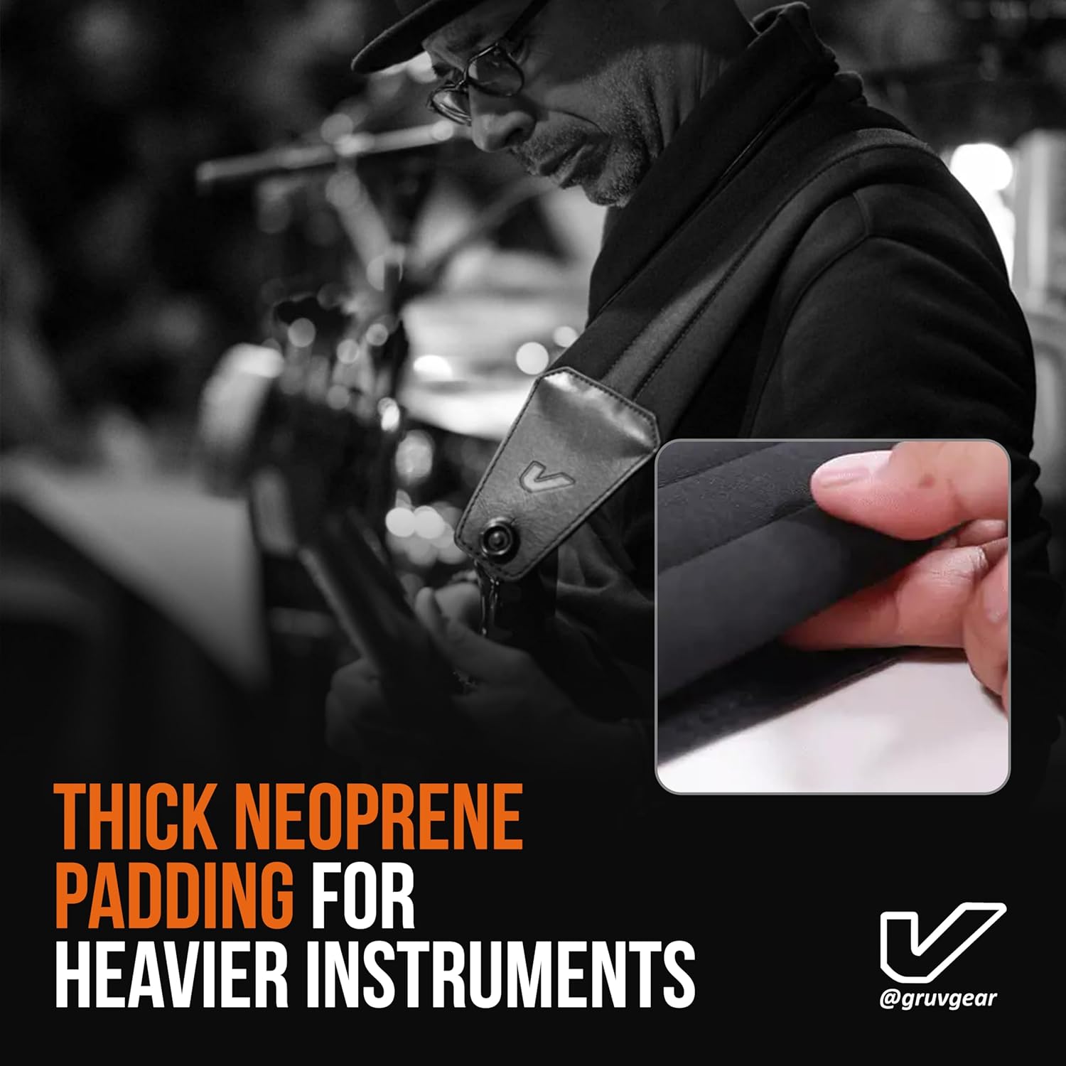 Gruv Gear SoloStrap Neo Padded Faux Leather Guitar Strap with Adjustable Slide Lock System, Thick Neoprene Padding for Heavier Instruments, Comfortable Guitar Belt Anti Bounce Design - Black, 2.5"