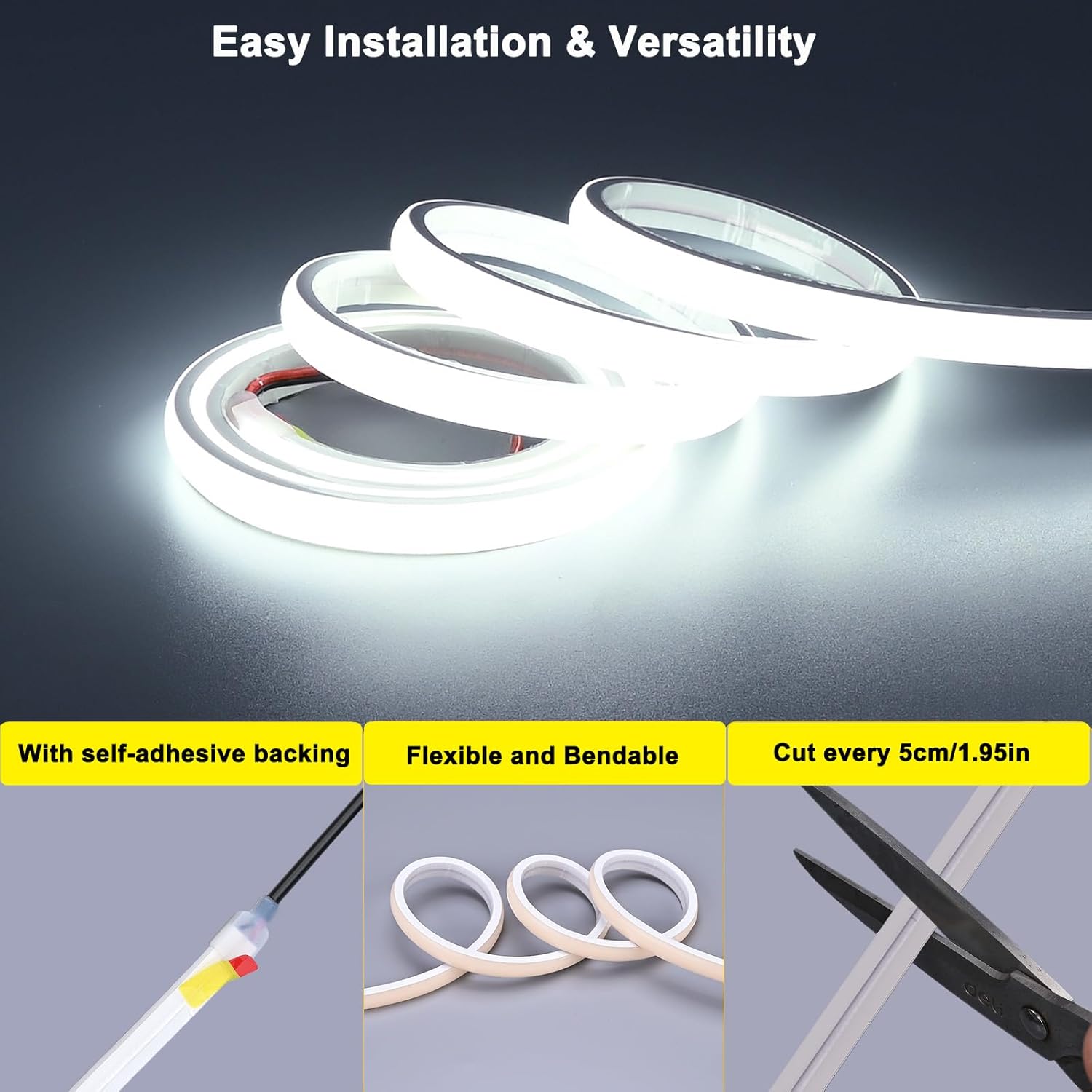 TOPAI Diffused 24V COB LED Strip Lights 6000K Cool White 16.4ft Waterproof Ultra Bright 350LM/ft Dotless CRI>92 480LED/M Self Adhesive Flexible Cuttable for Indoor Outdoor Lighting