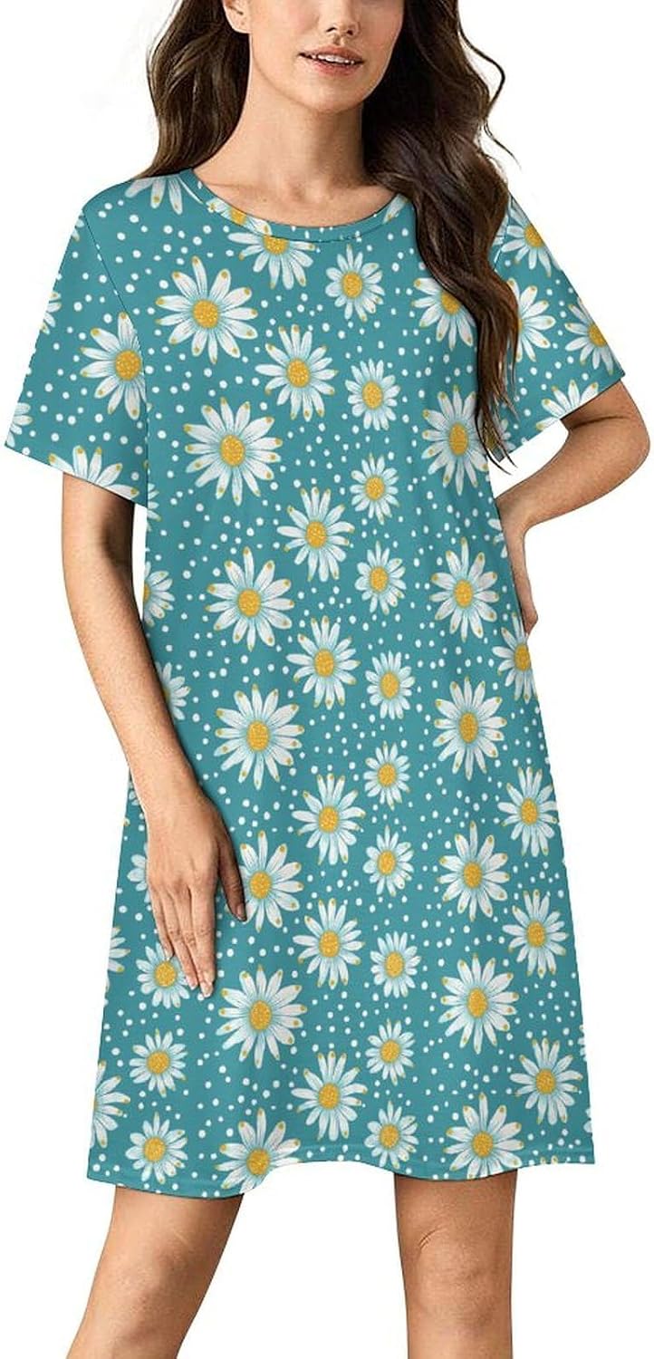 Daisy Flowers Blue Pattern Nightgowns for Women Short Sleeve Sleep Dress Casual Sleepshirt Night Gowns Pajamas