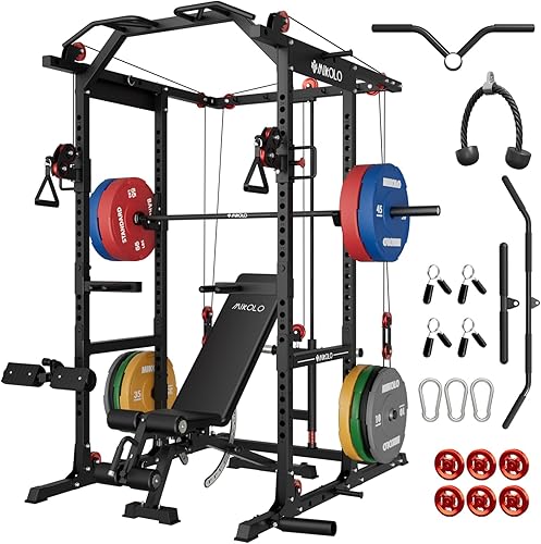 Miniatura 11 de Mikolo Jaula de potencia K6 2.0, estante de alimentación con sistema de cruce de cables, estante para sentadillas de 2000 libras con sistema de