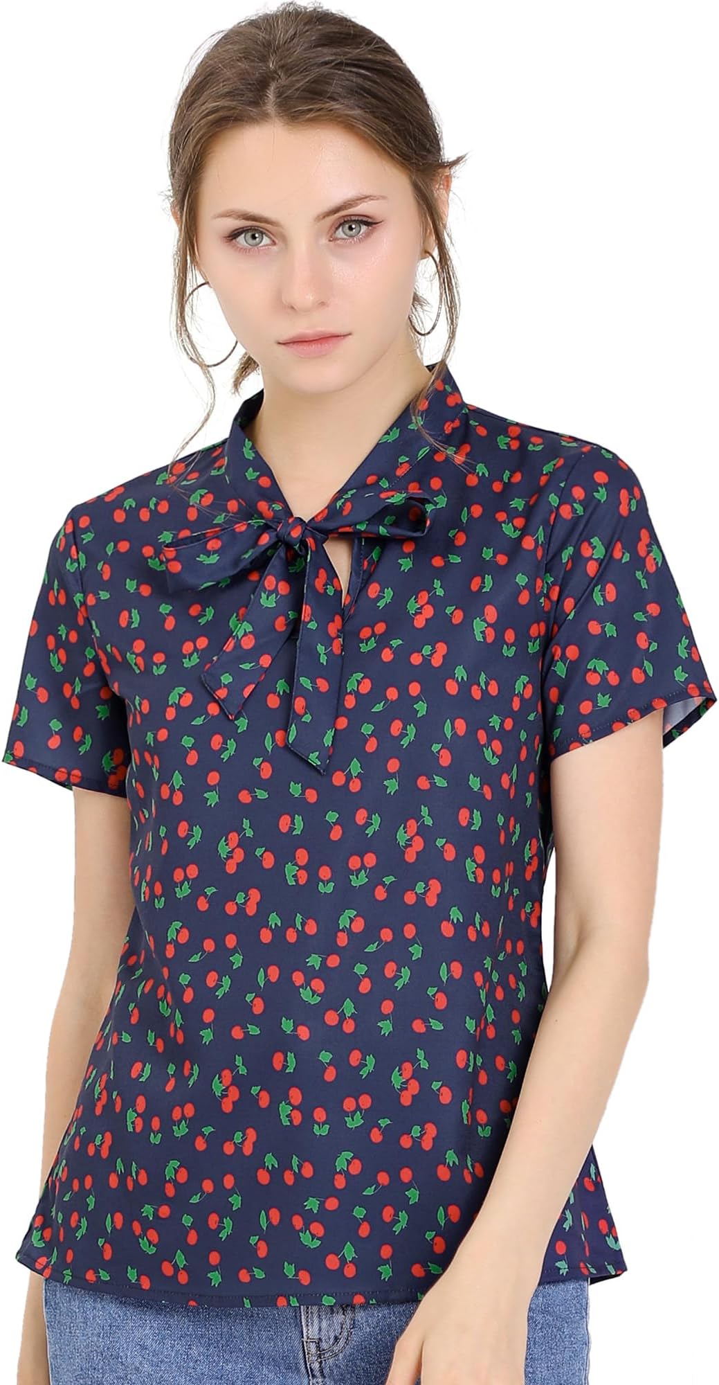 Allegra K Women's Bow Tie Neck Short Sleeve Printed Chiffon Blouse Small Blue-Cherry