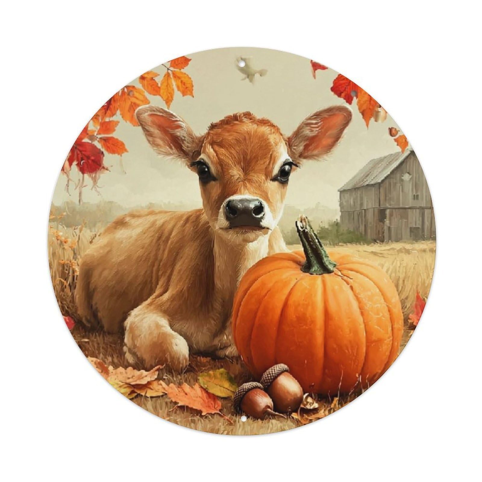 Autumn Cow Pumpkin Leaves Barn Metal Tin Sign Plaque