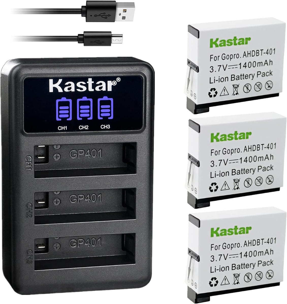 Kastar 3 Pack Battery and LCD Triple USB Charger Compatible with Gopro AHDBT-401 Action Sport Camera, AHBBP-401 Sport Camera, HD HERO4 Black & Silver, HD Hero 4 Black & Silver Action Sport Camera
