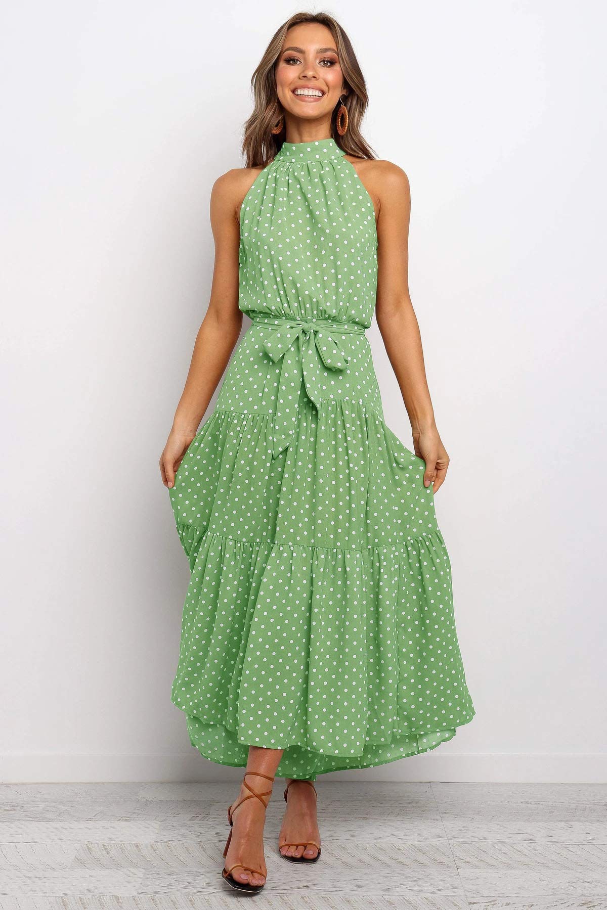 TOBILE Vestido largo de verano con lunares, vestido informal sin tirantes, amarillo, ideal para vacaciones, ropa femenina