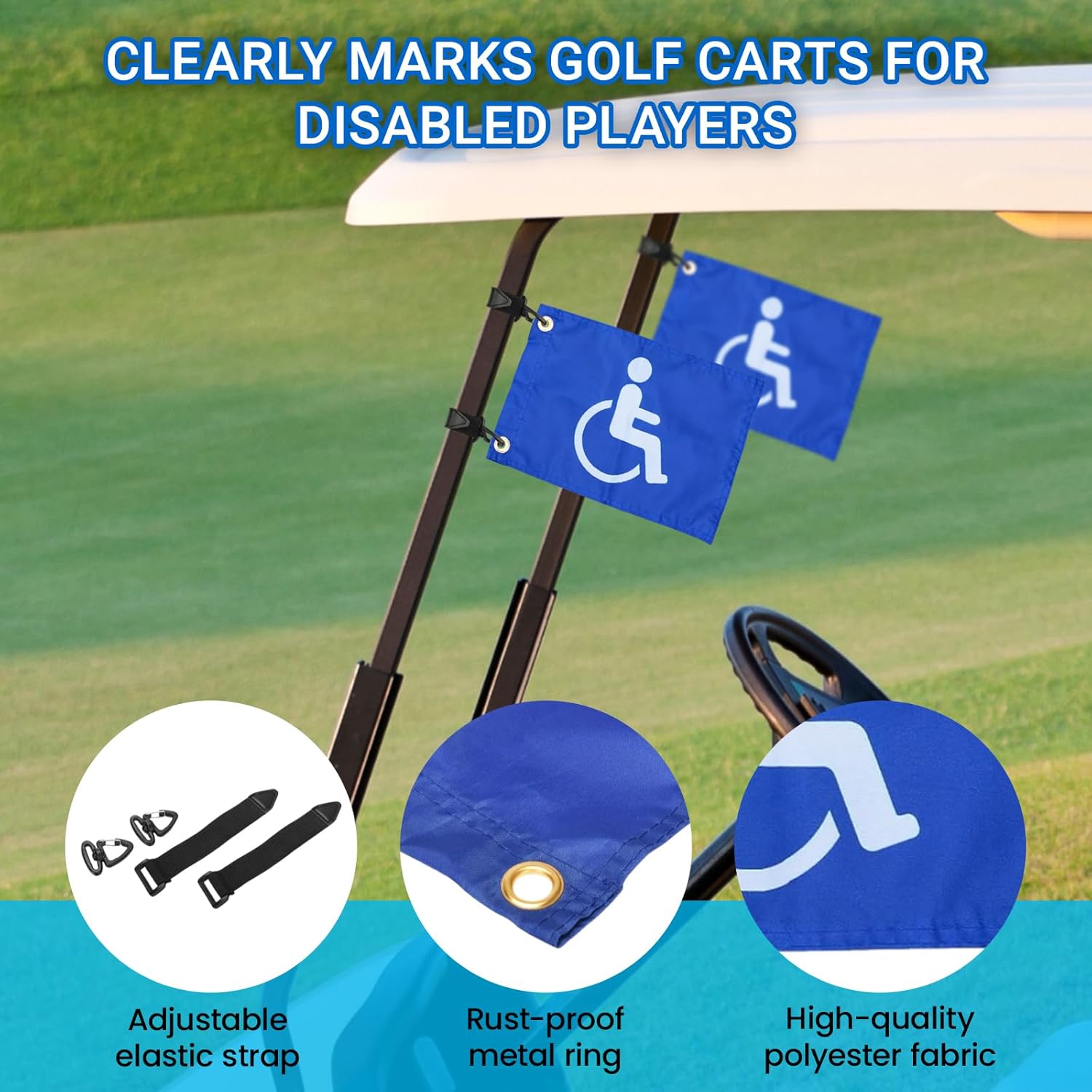 Disable Handicap Flag for Golf Cart, Boat, Bike - Blue Safety Golf Flag with Elastic Strap Bracket, 9"L x 6"W (4)