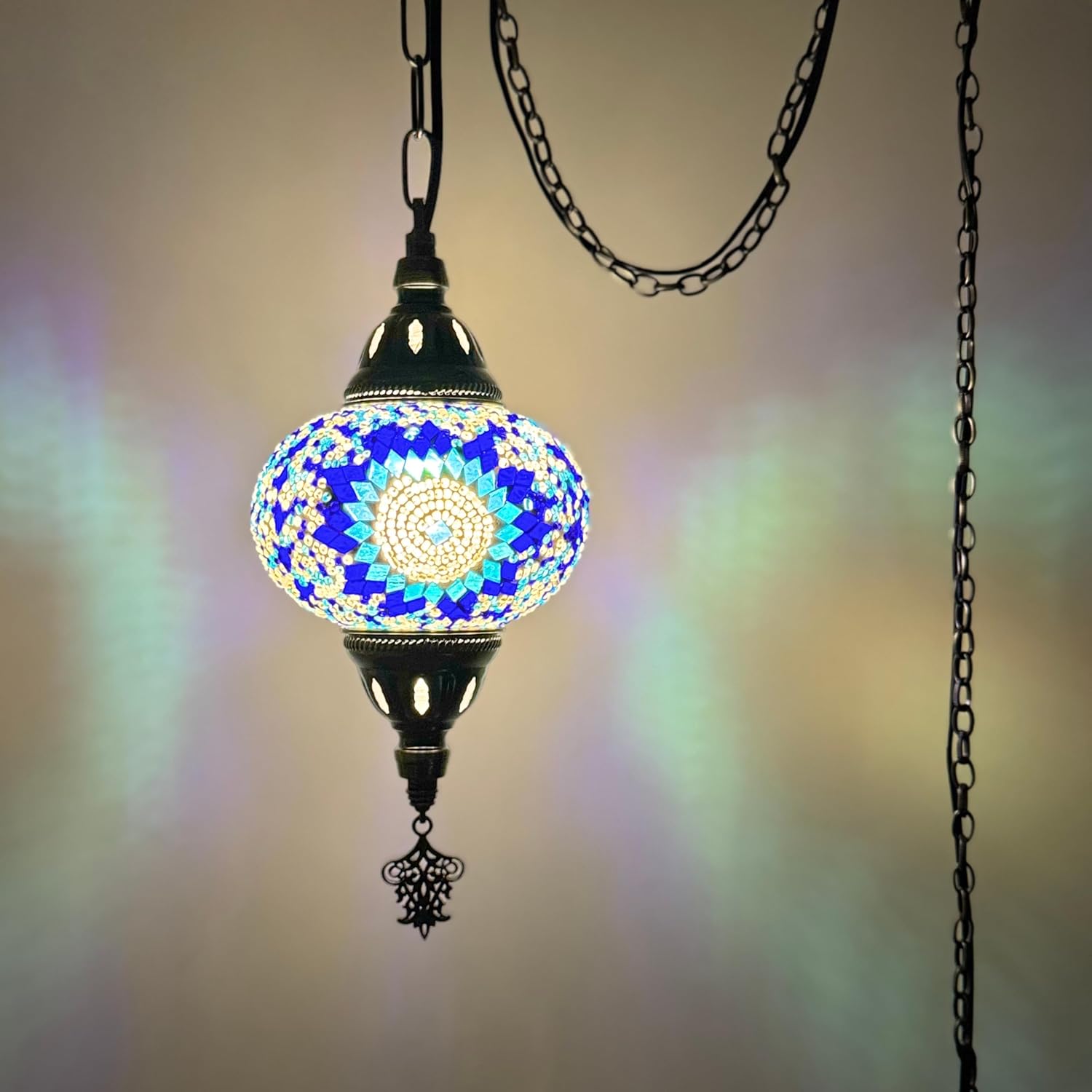 Turkish Handmade Mosaic Plug-in Pendant Light - 6" Globe Hanging Ceiling Fixture, 15ft Swag Chain & Cord, US/CA Plug, Moroccan Exotic Home Decor (Colorful 2)