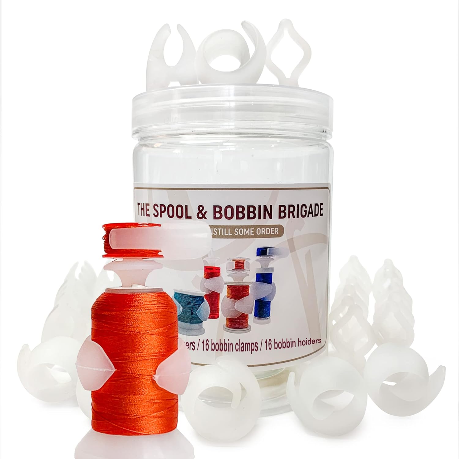 Madam Sew Semi Clear Thread Storage System, 48pc Set Includes 16 Spool Huggers, 16 Bobbin Clips, 16 Bobbin Holders – Control Thread Ends and Keep Spools Tightly Wound for Sewing Storage
