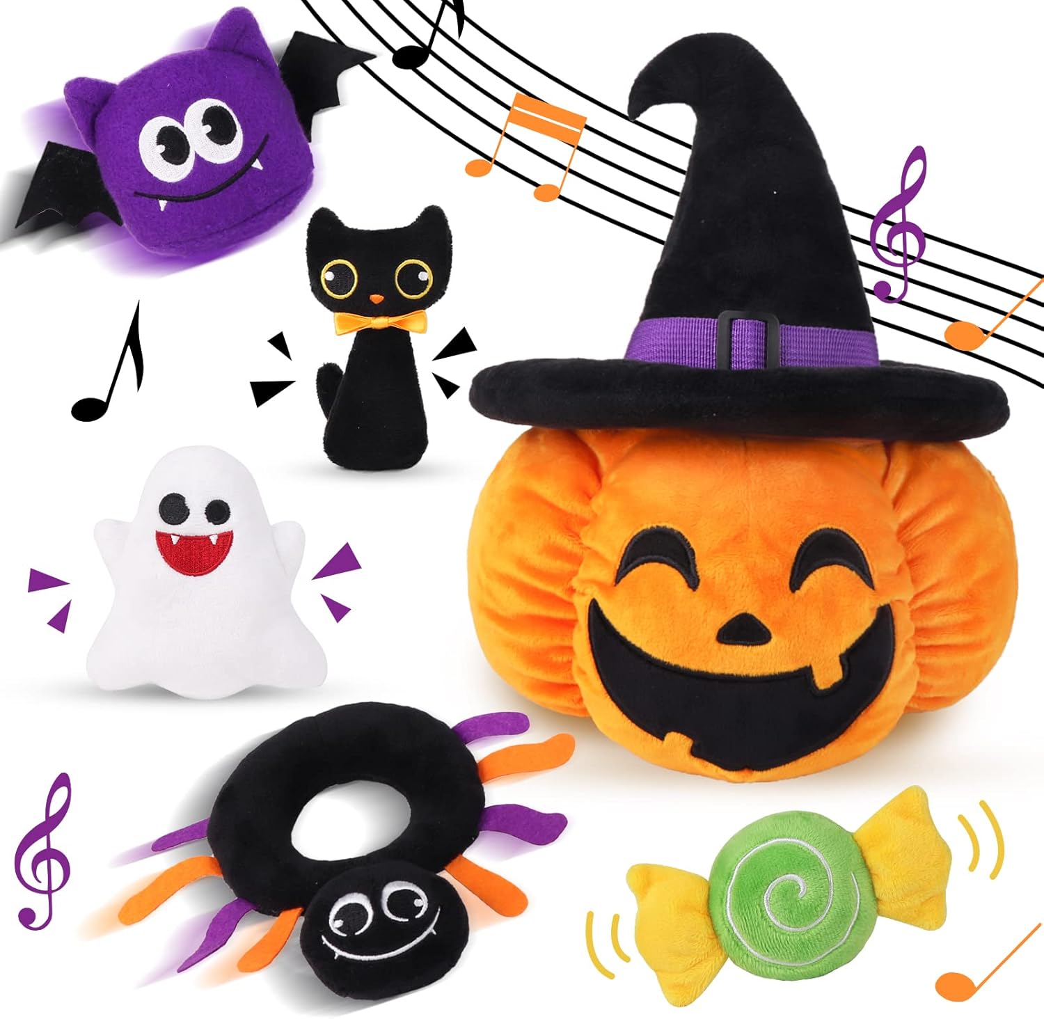 My First Halloween Plush Pumpkin Playset, Stuffed Pumpkin with Witch Hat, Stuffed Cat Spider Ghost Candy with Multi Sensory Rattles, for Baby Girls Boys