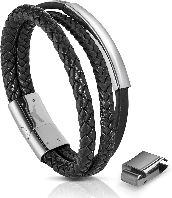RogueRaven Black Leather Bracelet for Men – Premium Collection – Brown Black Gold Silver | Genuine Leather Mens Bracelet with Stainless Steel Clasp [Adjustable] | In Luxury Gift Box