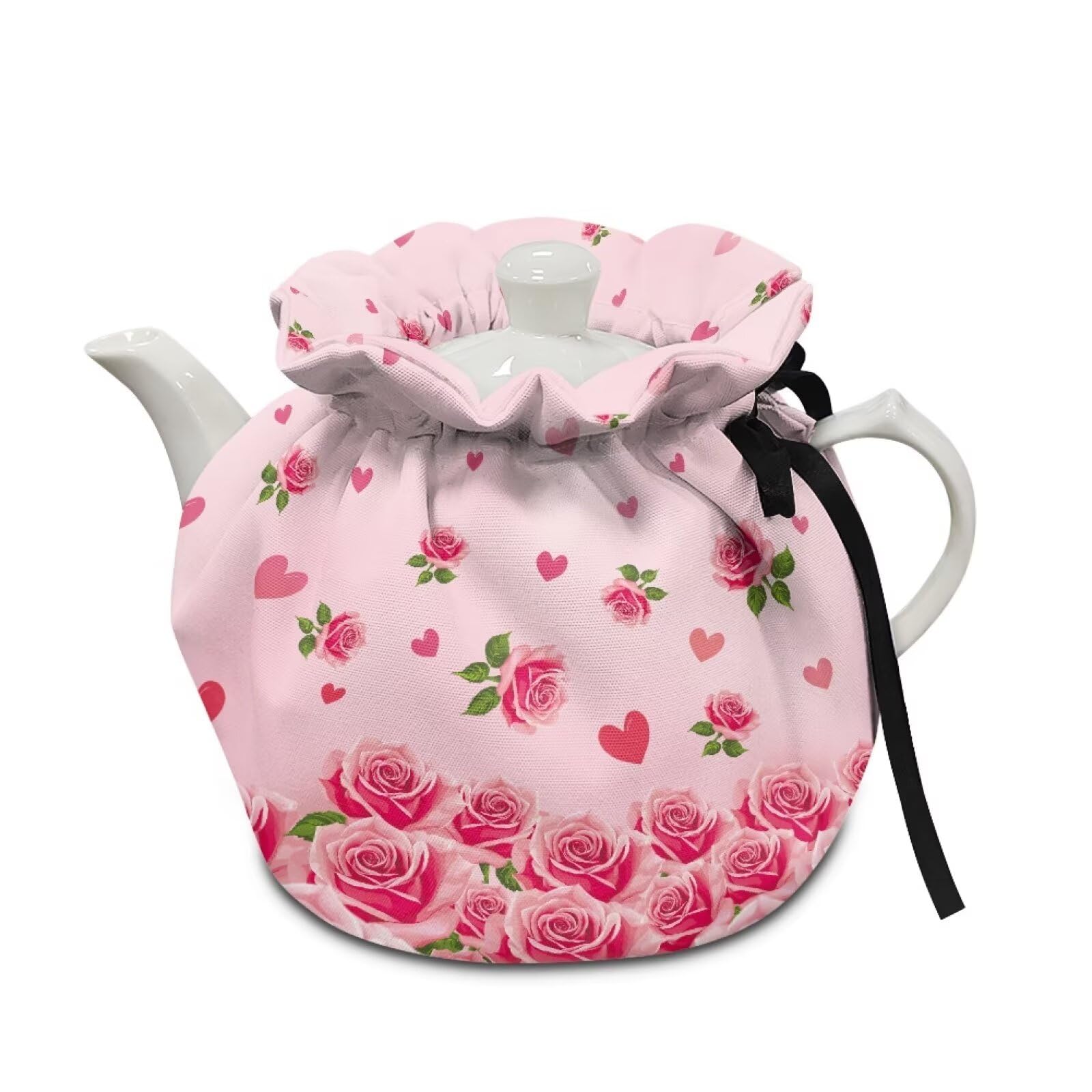 Romantic Rose Tea Pot Cozies Dustproof Breakfast Pot Lid Coffee Pot Washable Kitchen Home Decorative Insulation and Keep Warm Both Sides Drawstring
