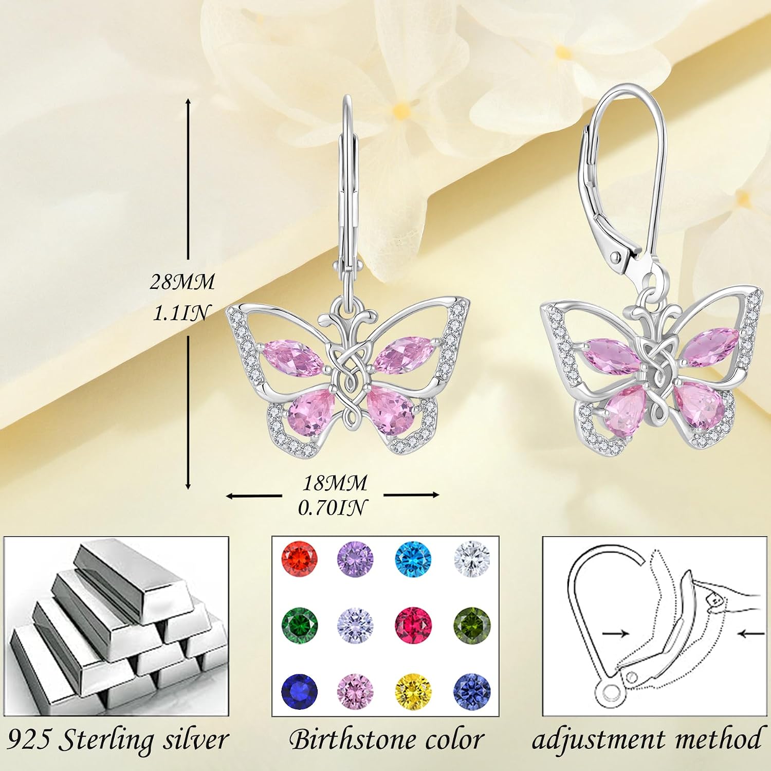 Butterfly Earrings Leverback Earrings for women Butterfly Birthstone Jewelry 925 Sterling Silver 5A Cubic Zirconia Celtic Knot Earrings for her