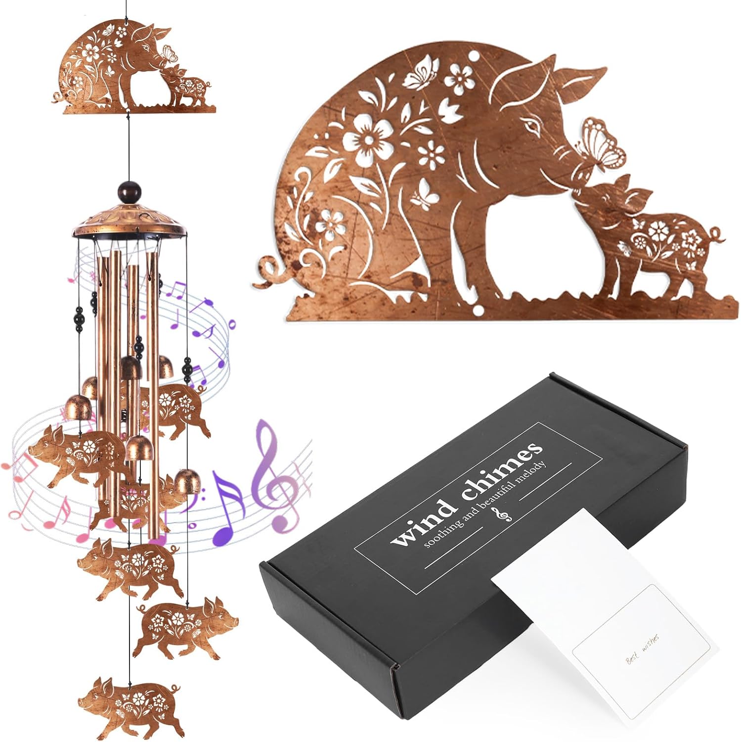 Wind Chimes for Outside, Pig Gifts for Women Men, Memorial Wind Chimes with 4 Aluminum Tubes, Farmhouse Decor for Garden Patio Porch, Includes Card & Box