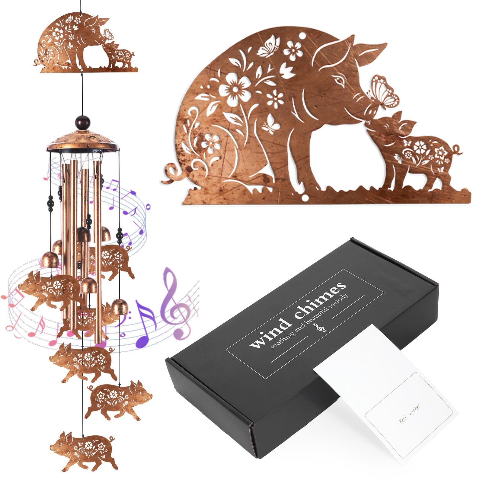 Riletese Pig Wind Chimes for Outside, Pig Gifts for Women Mom Wife Grandma, Sow and Piglet Wind Chime, Outdoor Indoor Farmhouse Decorations for Garden Patio Porch Yard, Includes Card & Gift Box