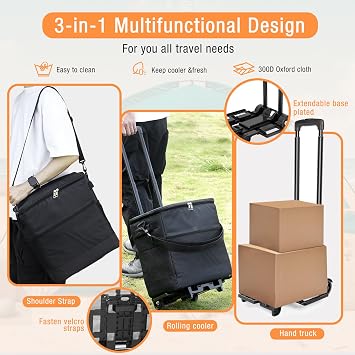 ZHJINGYU 60-Can/40L Rolling Cooler, 3-in-1 Insulated Cooler Bag, Adjustable Handle & Wheels, 40L Cooler Box with All Terrain Trolley, Leakproof for Picnic Camping Beach Fishing