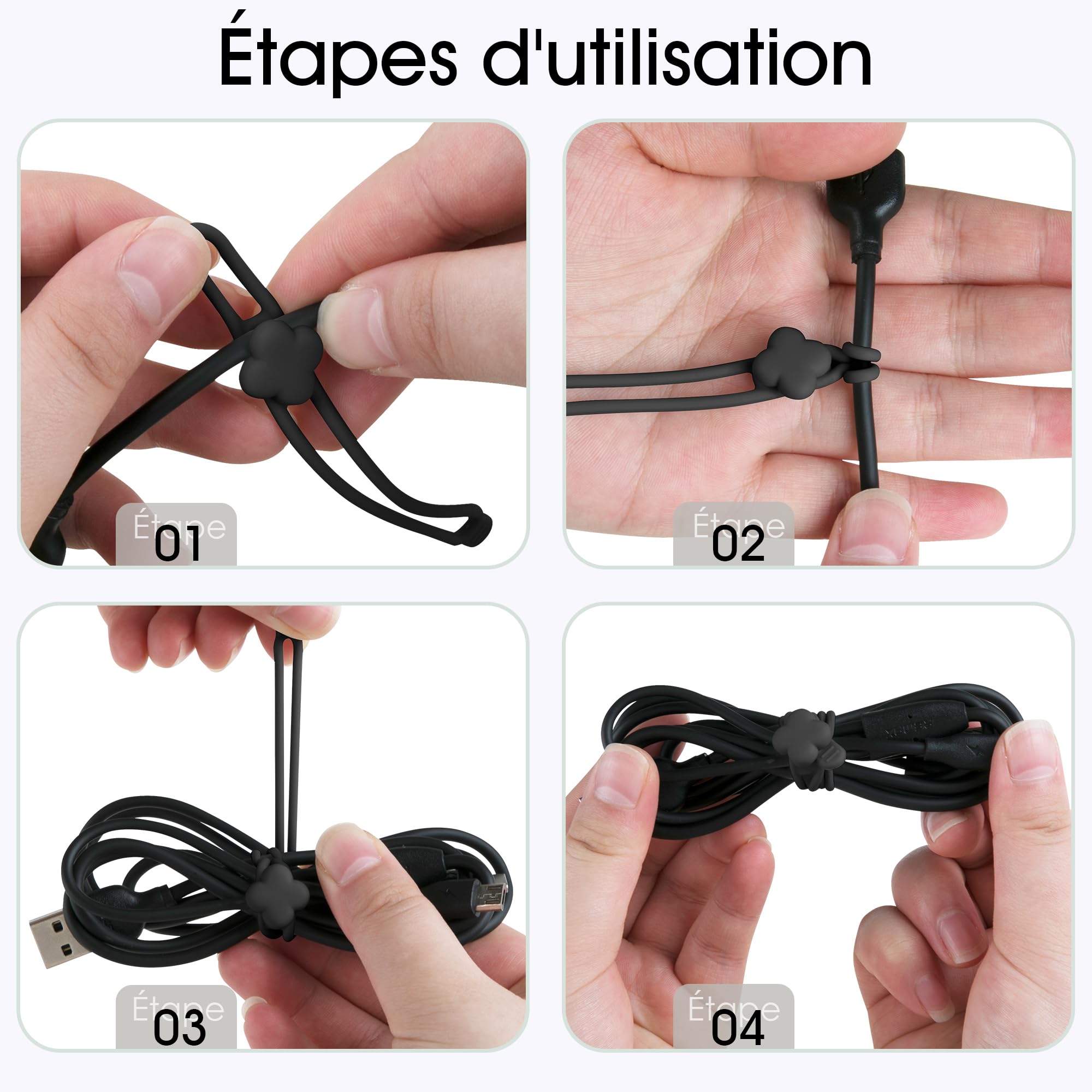 Lot De 20 Attaches De Câble En Silicone Réutilisables, Sangles De Rangement Pour Câbles De Charge, Câbles USB, Fil D'écouteurs, Noir Et Blanc