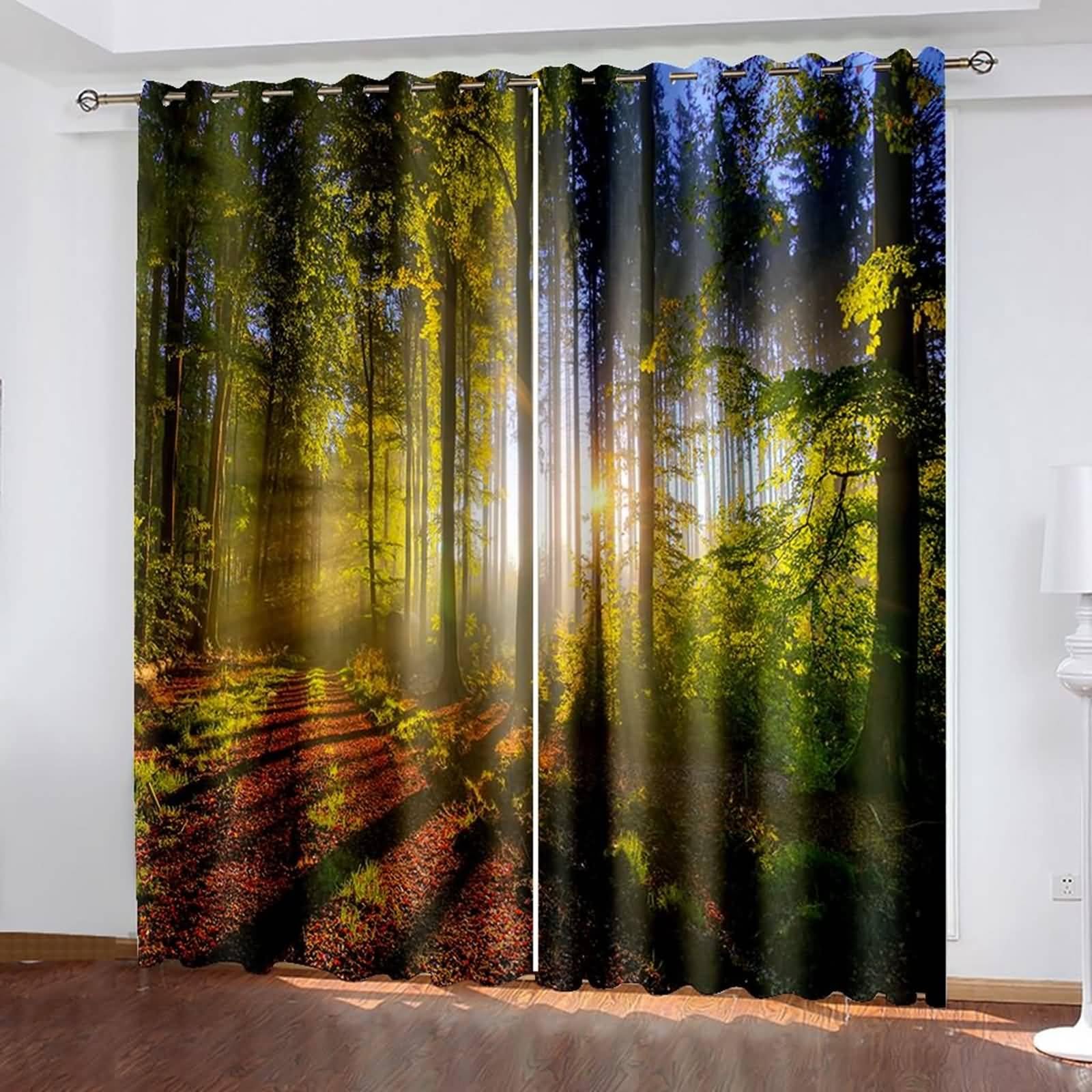 Fenstervorhänge Modern, 107x160cm Grün Sonnenschein-Waldlandschaft Schlafzimmer Gardinen und Vorhang Kälteschutz & Wärmeisolierend
