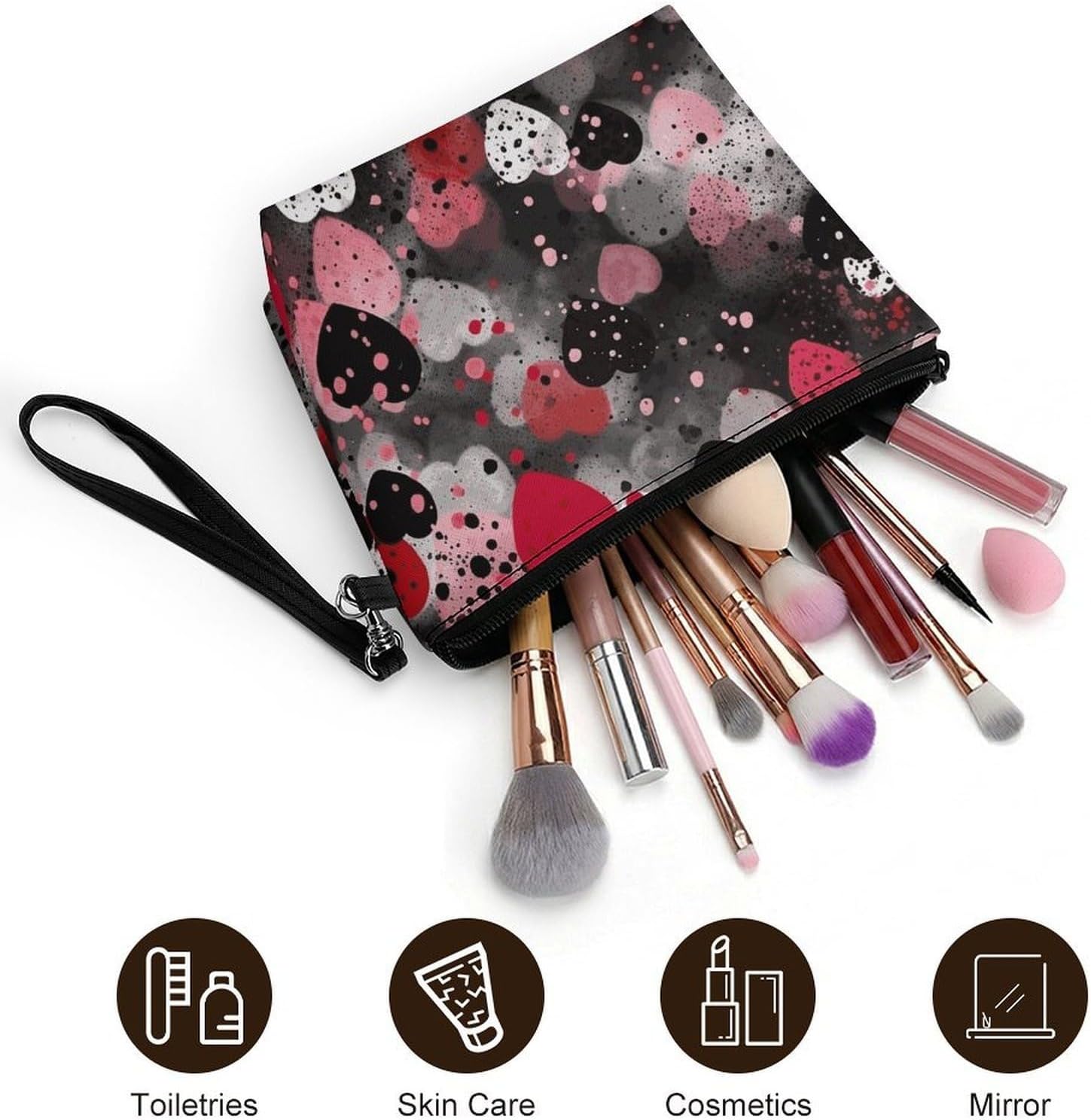 Black Polka Dot Heart Travel Makeup Bag Large Capacity Toiletry Bag image 5