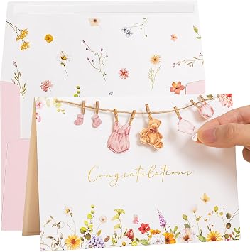 Crisky Baby Shower Card for Girls Welcome Congratulations New Baby Girl Pink Wildflower Floral Bear