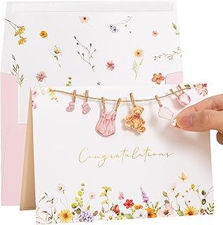 Crisky Baby Shower Card for Girls Welcome Congratulations New Baby Girl Pink Wildflower Floral Bear