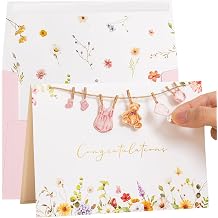 Crisky Baby Shower Card for Girls Welcome Congratulations New Baby Girl Pink Wildflower Floral Bear