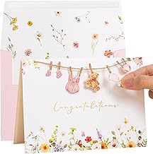 Crisky Baby Shower Card for Girls Welcome Congratulations New Baby Girl Pink Wildflower Floral Bear