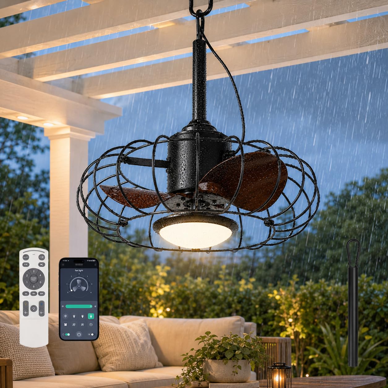 Outdoor Deckenventilator mit Beleuchtung & IP65 Wasserdicht, Fernbedienung | Deckenventilator mit Licht, Timer, Dimmbar 6 Geschwindigkeiten mit App-Steuerung, Perfekt für Pavillon, Terrasse & Veranda