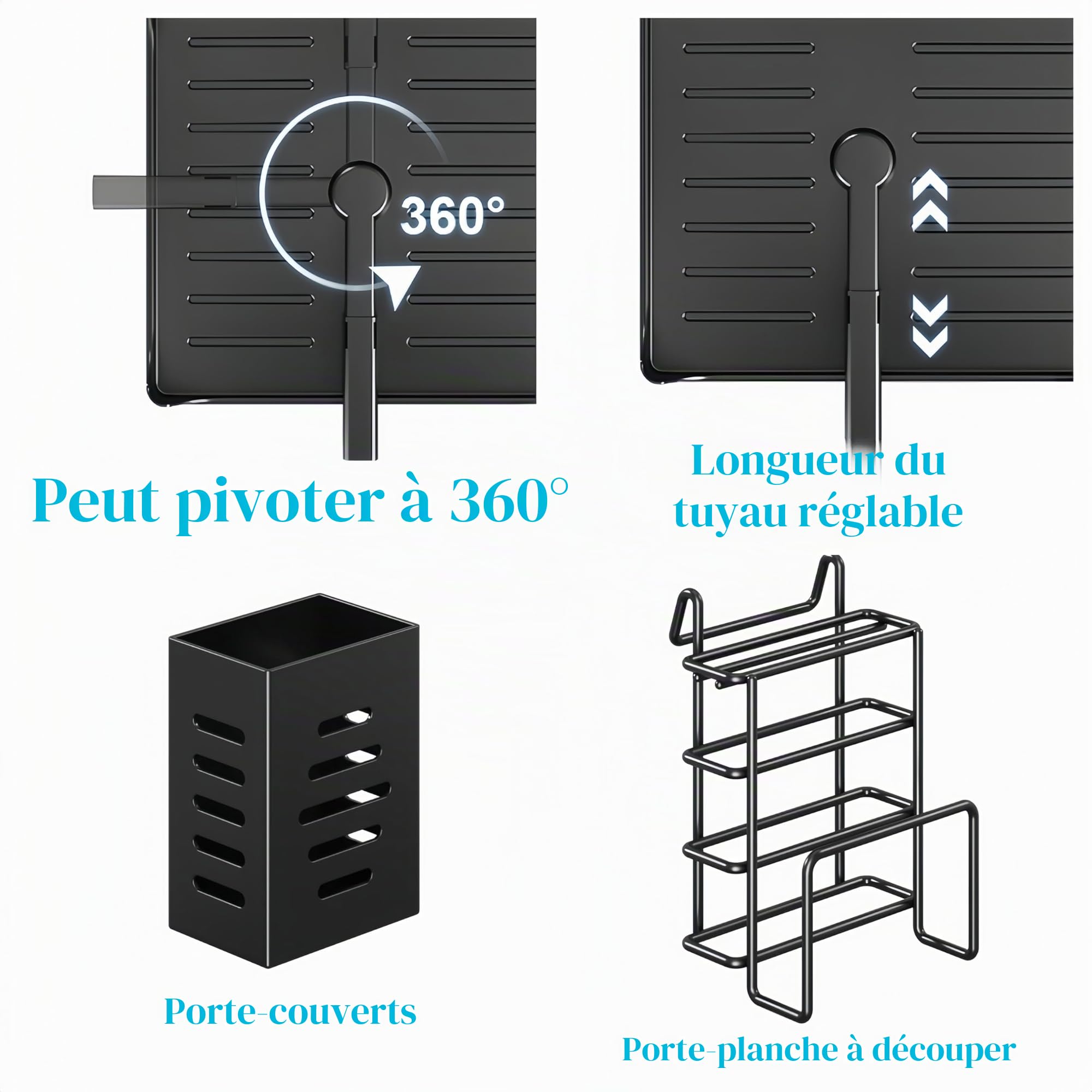 Égouttoir à vaisselle à 2 niveaux, égouttoir à vaisselle avec planche d'égouttement, support d'évier de cuisine en acier inoxydable avec ustensiles et planche à découper, noir