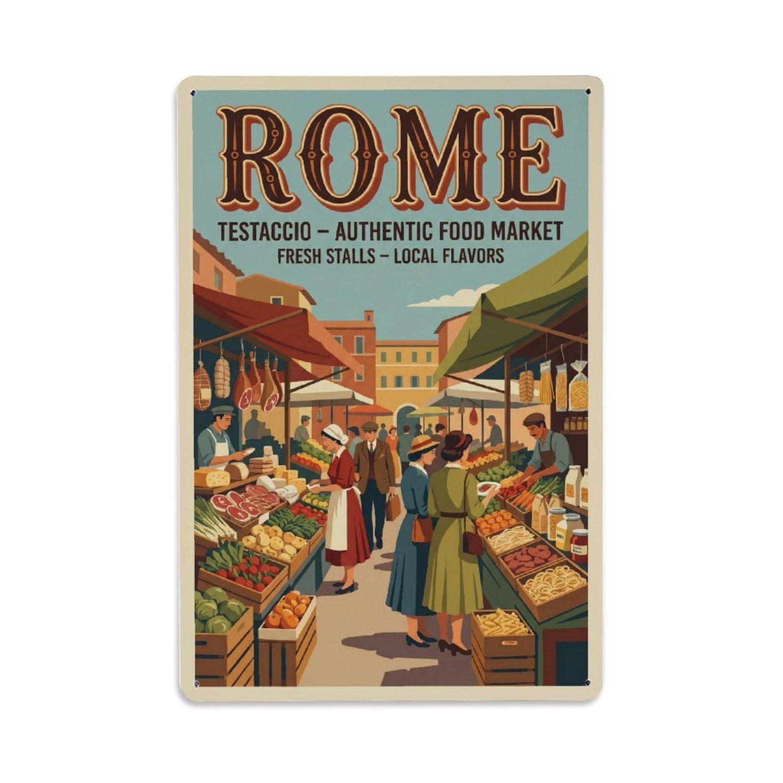 Vintage Travel Rome Testaccio Market Authentic Food District Italy Metal Tin Sign Plaque Wall Decor for Cafe, Club Bar, Office, Home Garden Metal Poster 8x12Inch
