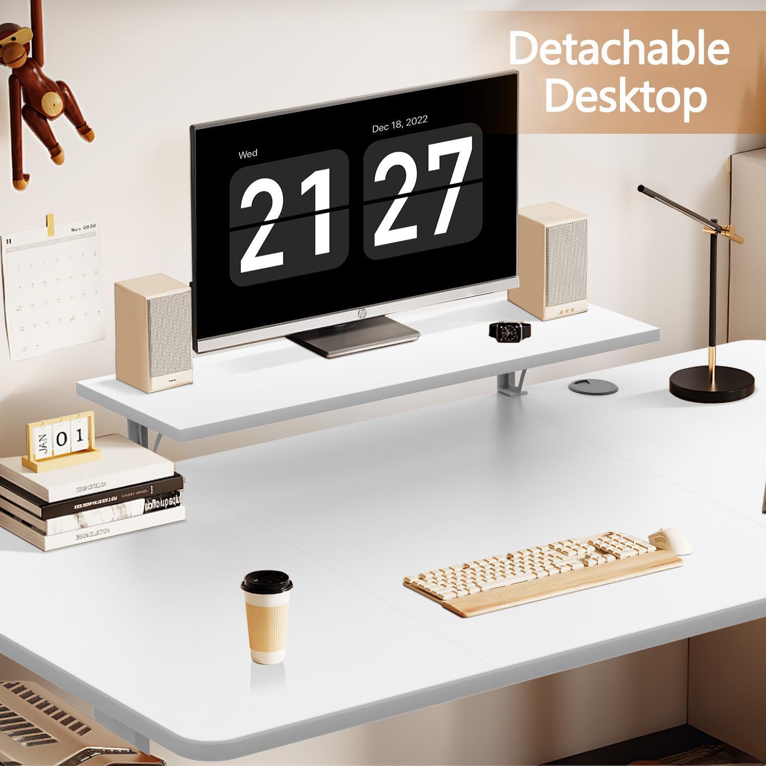 Image showing the detachable monitor stand on the Devoko desk, highlighting its flexibility.