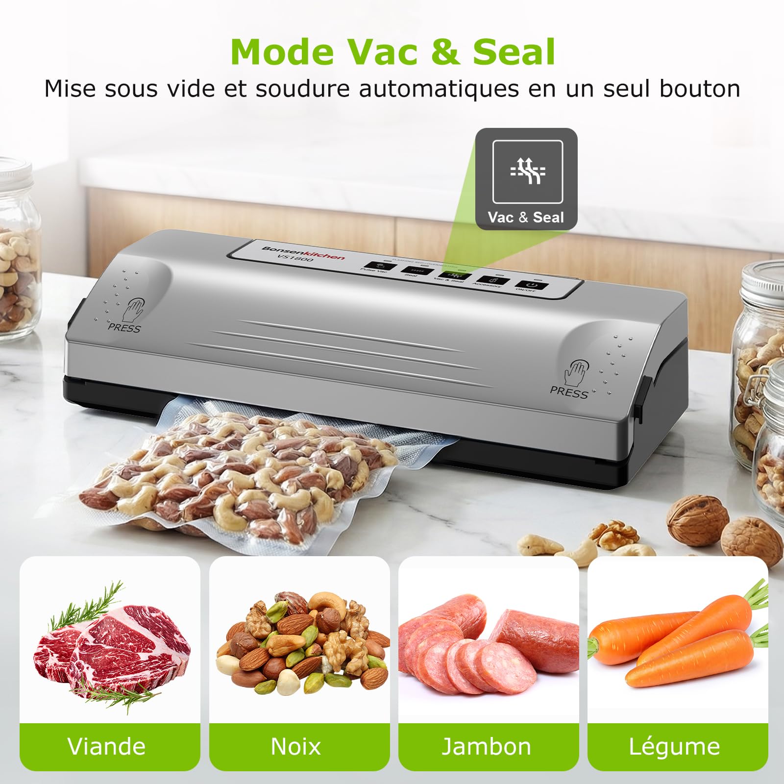 Bonsenkitchen Machine Sous Vide, Soudure Robuste 30 cm, Fonction Pulse pour Aliments Humides, Kit Aspiration Externe, Usage Continu avec Protection Surchauffe, avec 5 Sacs, VS1800