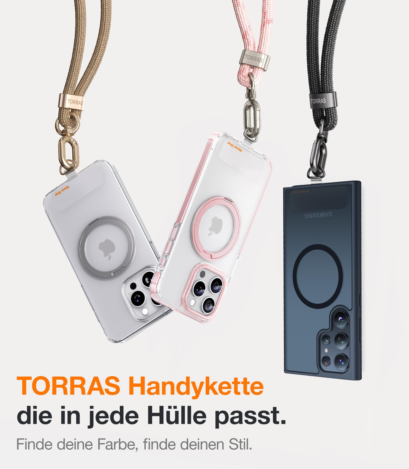 TORRAS Premium Handykette Universal Verstellbar, Anti-Verlust, Extra Robust, für Outdoor & Reise, Doppel-Nylonkordel mit Metallschnalle, kompatibel mit iPhone, Samsung, Schwarz