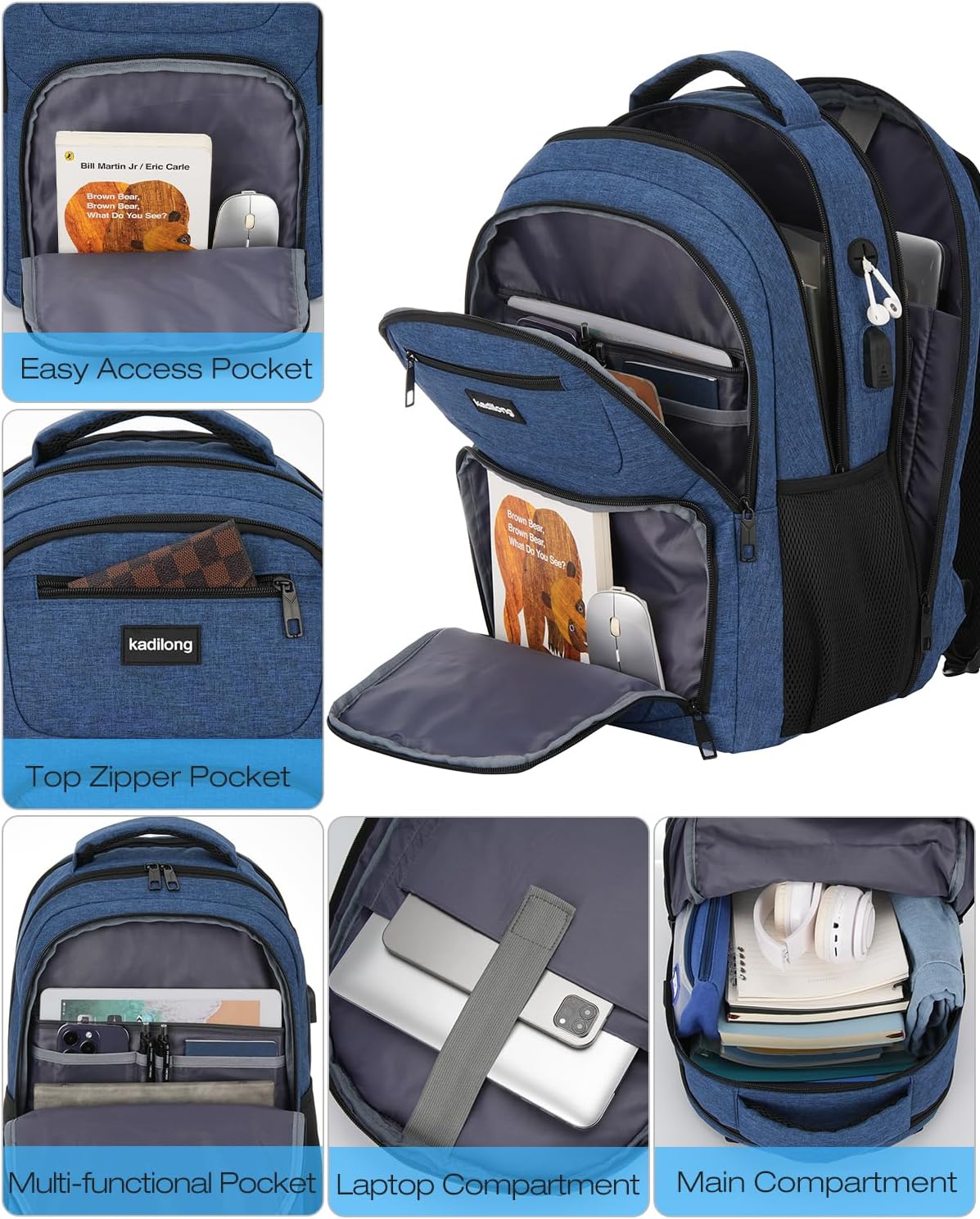 Laptop Backpack for Women & Men,Business Anti Theft Slim Computer Bag with USB Charging Port,Water Resistant College Computer Bag for Teens Boys Fits 17.3 Inch Laptop and Notebook, Blue