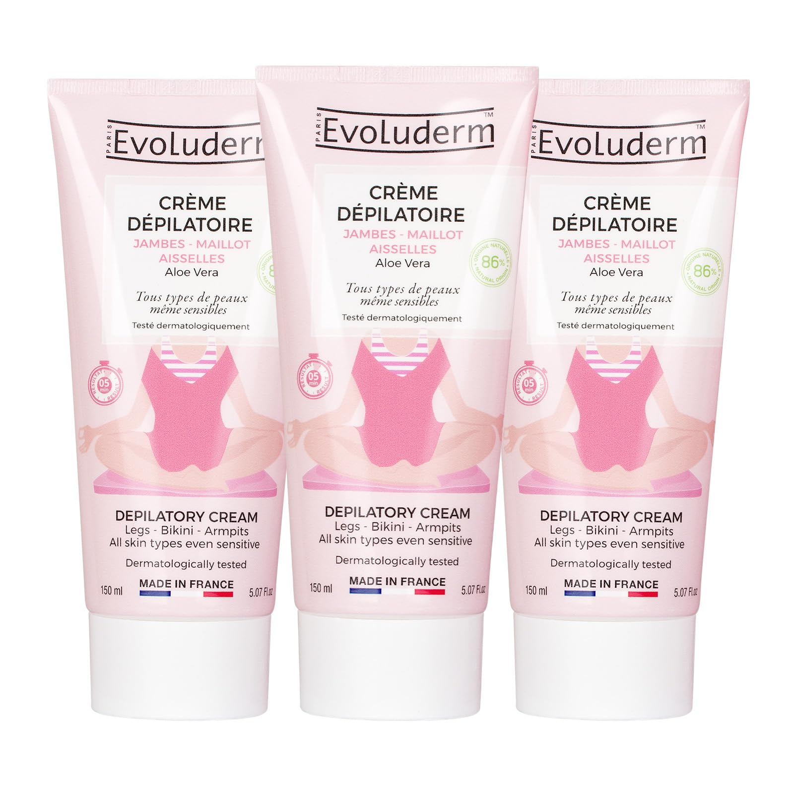EVOLUDERM – Crème Dépilatoire Jambes - Maillot - Aisselles – 150 ml – 86% d’Origine Naturelle – Végan – Fabrication Française – Lot de 3 x 150 ml