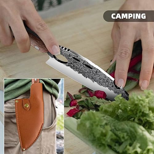 Miniatura 6 de Cuchillo de carnicero forjado a mano, acero de alto carbono, espiga completa con funda de cuero, cuchillo al aire libre para cocina y campamento