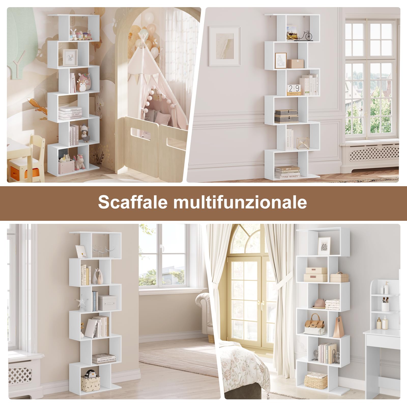 WOLTU Libreria Verticale a 6 Livelli, 6 Scomparti a Giorno | Scaffale Salvaspazio Bianco, per Camera da Letto, Studio, Ufficio, Soggiorno, Forma di S, in Legno