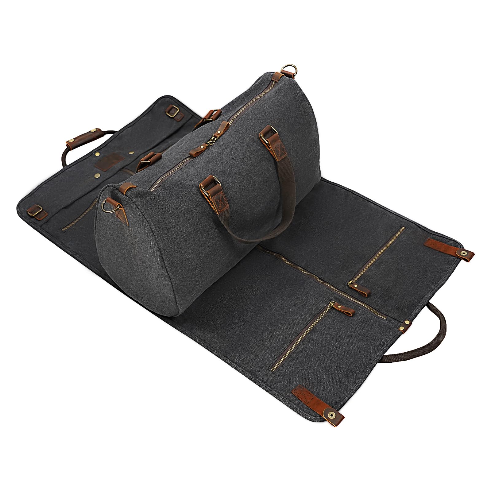 2-in-1 Kleidersack aus gewachstem Segeltuch, Leder, mit Schultergurt, für Reisen und Geschäftsreisen, Canvas Schwarz, American Casual