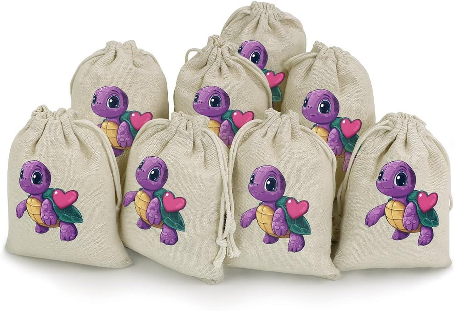 Purple Turtle with Heart Drawstring Bags Cotton Linen Pack of 8 | Reusable Storage Gift Pouch Party Home Supplies