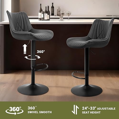 Miniatura 4 de Juego de 2 taburetes de bar, taburetes de bar ajustables con respaldo abierto y reposapiés, piel sintética de alta calidad, moderno taburete