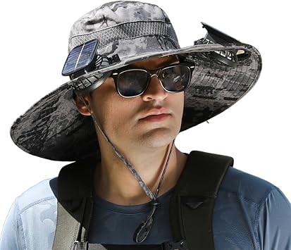 Wide Brim Solar Fan Outdoor Fishing Hat - Solar & USB Charging, Men Sunscreen Waterproof Sun Hat Upf50+ with 2 Solar Fan