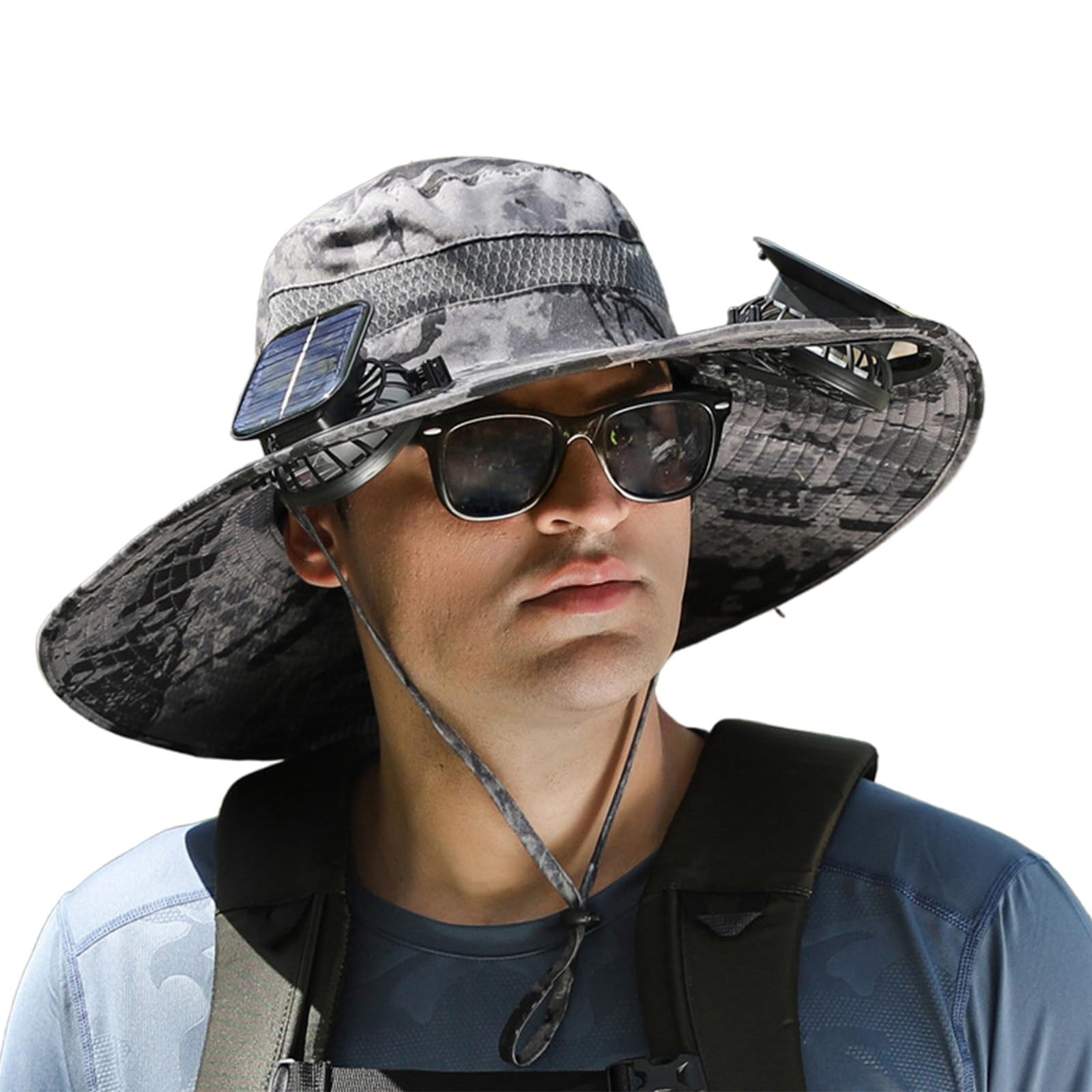Wide Brim Solar Fan Outdoor Fishing Hat - Solar & USB Charging, Men Sunscreen Waterproof Sun Hat Upf50+ with 2 Solar Fan