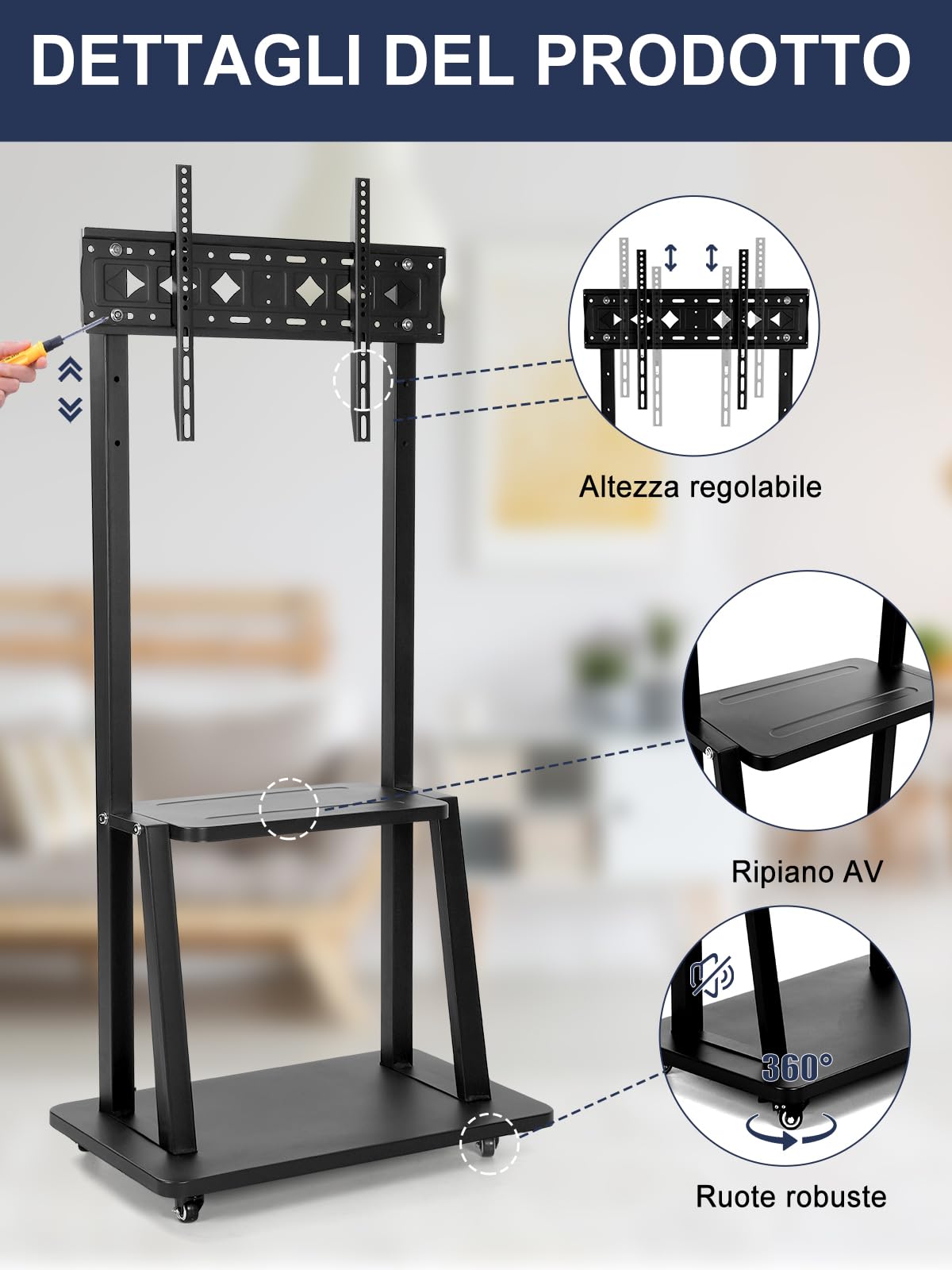 Supporto TV da Pavimento per Schermi Piatti/Curvi Da 32-75 Pollici LED/LCD/OLED, Altezza Regolabile, Carrello Porta TV con Ruote Fino a 45kg, con Mensola per Laptop o DVD,Nero
