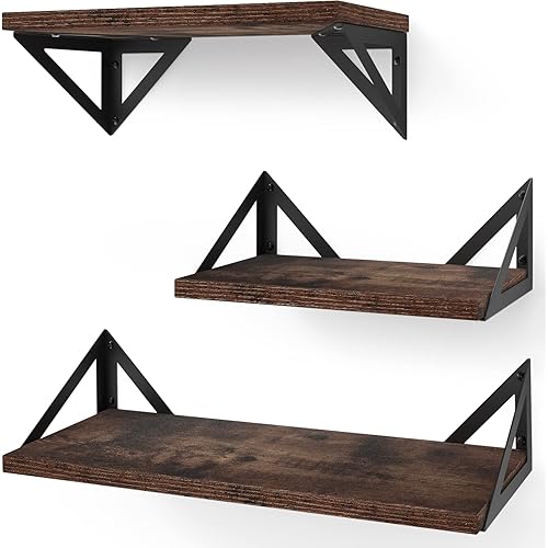 BAYKA Floating Shelves for Bedroom Decor, Rustic Wood Wall Shelves for Living Room Wall Mounted, Hanging Shelving for Bathroom, Laundry Room, Small Shelf for Plants, Books(Rustic Brown,Set of 3)